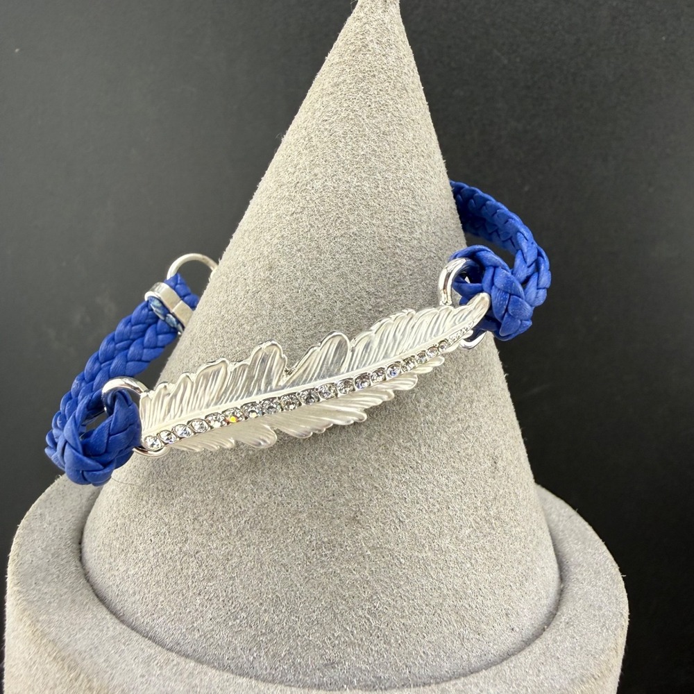 JR Feather Corded Bracelet Blue Silver Tone Rhinestone 7in